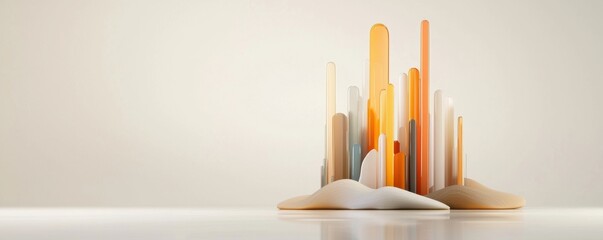 Poster - A minimalist, abstract sculpture featuring various tall, translucent forms in warm hues, set against a neutral background.