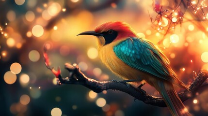 Poster - Close-up of a striking bird with elaborate feather details, perched on a branch, with a background of abstract lights creating a captivating and artistic ambiance.