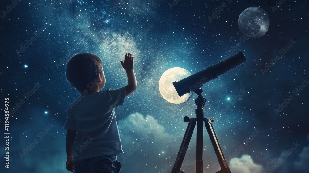 Observation Hobbies Child look in telescope, curious little boy waving hand to friendly ...