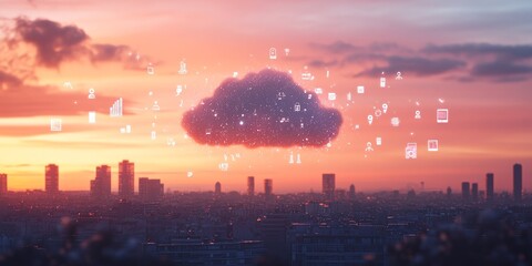 Poster - Cloud computing over cityscape sunset.