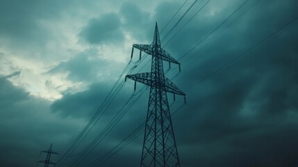 Aufkleber - Close-up of a tall transmission tower with power lines, set against a dramatic cloudy sky, showcasing the tower's structure and the power it transmits.