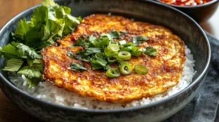 Poster - Close-up of a Thai-style omelette with golden, crispy edges, served atop a bowl of rice, with a small dish of chili sauce on the side.