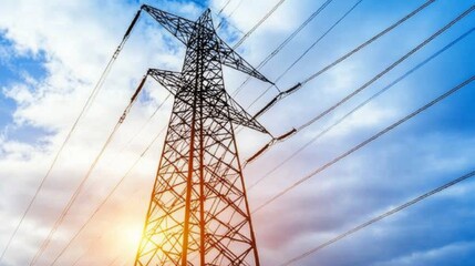 Aufkleber - Close-up of a towering electricity pylon with multiple power lines, emphasizing the robust construction and engineering of the electrical transmission system.