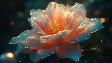Poster - Close-up of a vibrant, dew-kissed rose with delicate petals and intricate details, showcasing the flowers natural beauty and freshness.