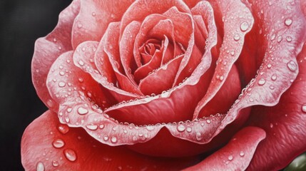 Poster - Close-up of a vibrant, dew-kissed rose with delicate petals and intricate details, showcasing the flowers natural beauty and freshness.