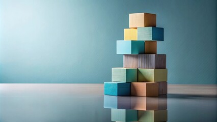 Aufkleber - Pastel-colored blocks form a precariously balanced tower, reflecting on a sleek surface