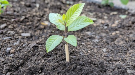 Poster - Close-up of a young tree with a small stake for support, being planted in a garden, highlighting the planting process and early care for the sapling.