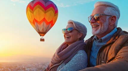 Poster - A happy older couple enjoying a scenic hot air balloon ride over the countryside Stock Photo with side copy space