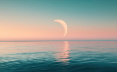 Wall Mural - A glowing crescent moon circles on the horizon with an ocean in front of it, ethereal and dreamy,