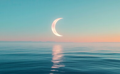 Wall Mural - A glowing crescent moon circles on the horizon with an ocean in front of it, ethereal and dreamy,