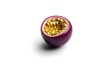 © Maryanto - Halved passion fruit showcasing vibrant yellow arils against a purple rind on white background.