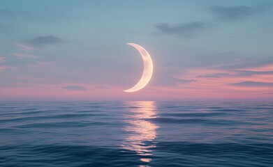Wall Mural - A glowing crescent moon circles on the horizon with an ocean in front of it, ethereal and dreamy,