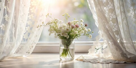 Poster - Sunlit Bouquet in Glass Vase on Window Sill with Lace Curtains