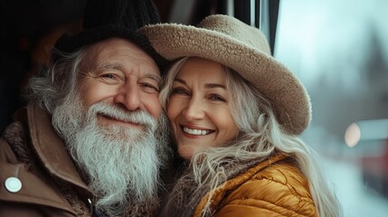 Poster - Elderly partners enjoying a scenic train ride and looking out the window Stock Photo with side copy space