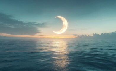 Wall Mural - A glowing crescent moon circles on the horizon with an ocean in front of it, ethereal and dreamy,