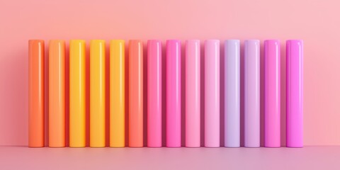 Poster - A row of colorful cylindrical objects in shades of yellow, pink, and purple against a soft pink background.
