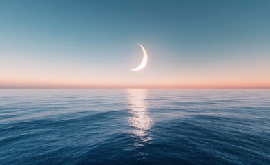 Wall Mural - A glowing crescent moon circles on the horizon with an ocean in front of it, ethereal and dreamy,