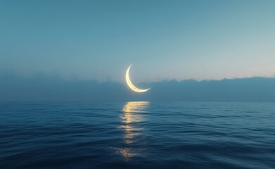 Wall Mural - A glowing crescent moon circles on the horizon with an ocean in front of it, ethereal and dreamy,