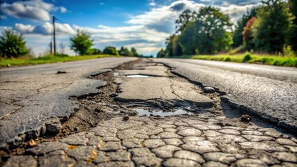 Poster - Severely Damaged Asphalt Road Surface Showing Extensive Cracking and Potholes