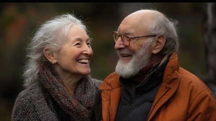 Poster - A senior couple laughing together while enjoying a picnic in a lush green park Stock Photo with side copy space