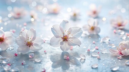 Poster - Delicate Spring Blossoms Glistening with Dew Drops on a Shimmering Surface
