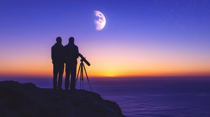Poster - Elderly partners watching the sunrise from a hilltop with a telescope Stock Photo with side copy space