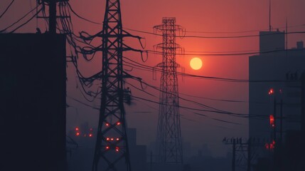 Aufkleber - Detailed view of an electricity transmission tower at dusk, with power lines illuminated by the setting sun, creating a dramatic and industrial scene.