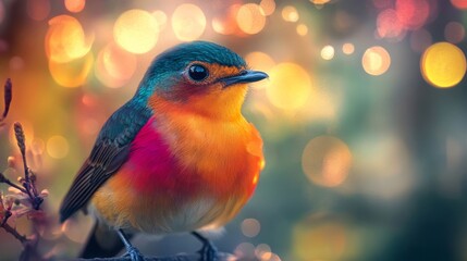 Leinwandbilder - Detailed view of a colorful bird in sharp focus, with a softly glowing background of light patterns that create a harmonious and visually appealing contrast.