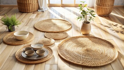 Poster - Serene sunlit space with woven mats and bowls