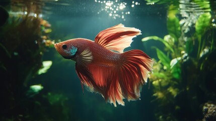 Poster - Detailed view of a majestic Betta fish with a full display of its colorful fins and dynamic posture, set against a lush underwater plant backdrop.