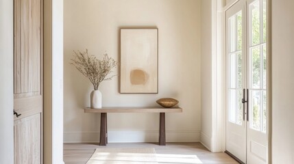 Poster - Detailed view of a minimalistic entryway with a sleek console table, simple decor, and a calm, neutral color scheme, emphasizing the home's clean design.