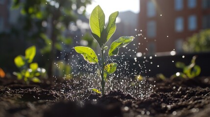 Aufkleber - Detailed view of a person watering a newly planted tree, with droplets of water visible and a focus on the young plants growth and development.