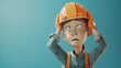 © INT888 - Character in hard hat expressing frustration and concern at work site