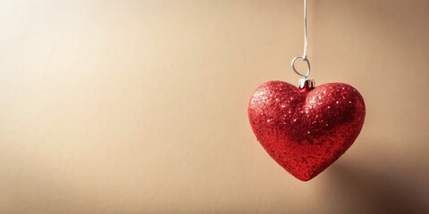 Aufkleber - A Sparkling Red Heart Ornament Hanging on a String Against a Neutral Background