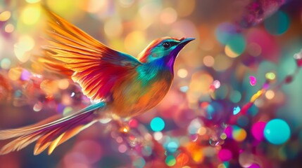 Poster - High-definition shot of a bird with bright, iridescent feathers, set against a backdrop of abstract, multicolored lights for a dynamic and eye-catching composition.