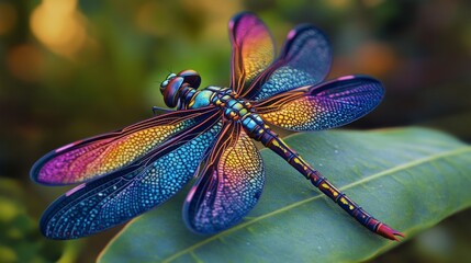 Poster - High-definition shot of a dragonfly resting on a leaf, with a focus on its intricate wing patterns and colorful body, set against a natural backdrop.