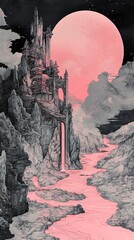 Canvas Print - Pink Moon over a Fantasy Castle: A Surreal Landscape