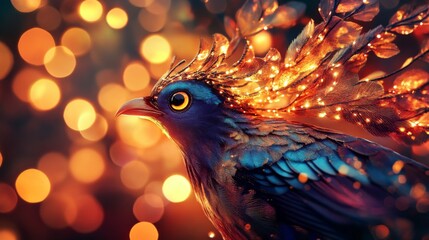 Poster - High-resolution close-up of a beautiful bird with intricate plumage, set against a backdrop of warm, glowing lights that enhance its vivid colors.