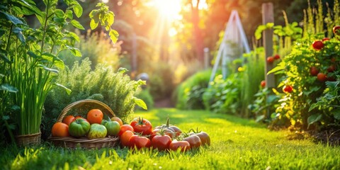 Poster - Golden Hour Harvest Ripe Tomatoes and Fresh Herbs in a Vibrant Garden