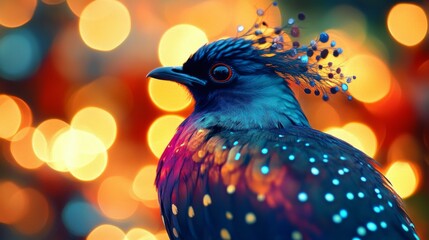 Poster - High-resolution close-up of a beautiful bird with intricate plumage, set against a backdrop of warm, glowing lights that enhance its vivid colors.