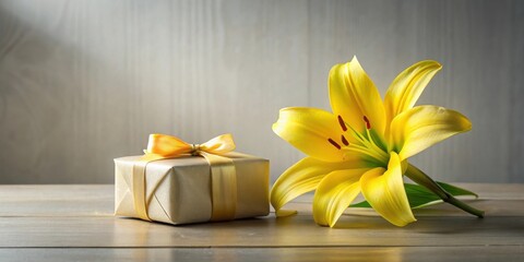 Aufkleber - A golden gift box with a yellow ribbon sits beside a vibrant yellow lily on a wooden surface.