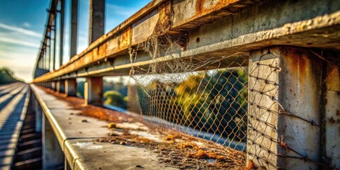 Poster - Rustic bridge railing with aged metal and chain-link fence, showcasing the effects of time and nature's subtle artistry.