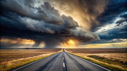 Poster - Dramatic Sunset Storm Clouds Over a Long Straight Road