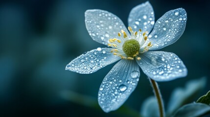 Poster - High-resolution view of a flower with dew drops on its petals, featuring a soft focus on the droplets to emphasize their sparkling and fresh appearance.