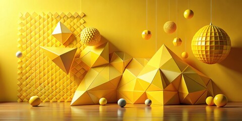 Poster - Abstract Yellow Geometric Shapes and Spheres in a Modern Interior Design Setting