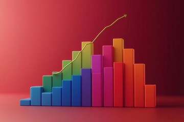 A colorful bar graph with a rising trend line against a red background, symbolizing growth and progress in data representation.