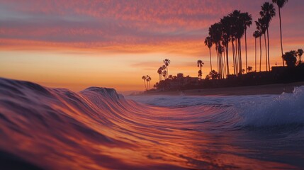 Wall Mural - Closeup of waves caressing a sandy shore, with palm trees swaying against a vivid orange and pink sunset sky.