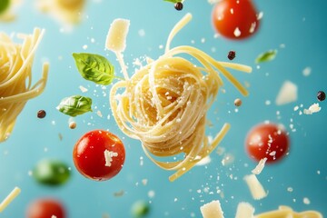 Wall Mural - Flying spaghetti, cherry tomatoes, basil, parmesan, peppercorns.