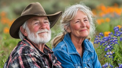 Poster - An elderly couple enjoying a picnic together in a field of wildflowers Senior in Love Stock Photo with side copy space