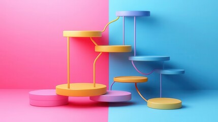 Poster - A colorful abstract representation of steps, featuring pastel hues of pink, blue, and yellow, creating a vibrant and playful visual effect.